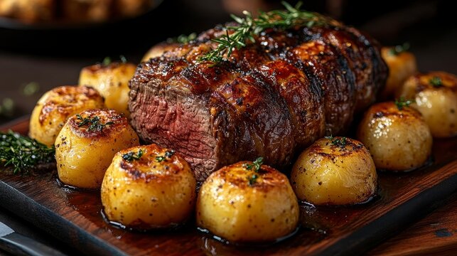 Roasted meat surrounded with golden potatoes on a wooden board - Powered by Adobe