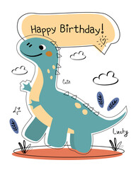 Dinosaur vector funny birthday card. Children's card with cute green dinosaurs and text Happy Birthday. Dino baby colorful illustration in naive style on white background