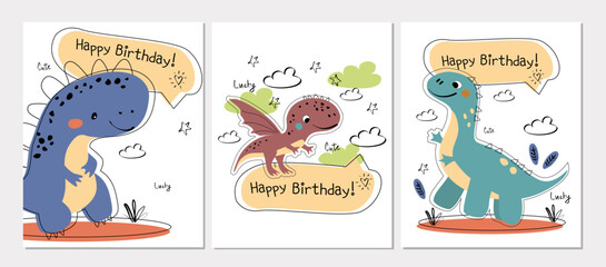 Vectorset of funny birthday card with Dinosaur. Children's card with cute dinosaurs and text Happy Birthday. Dino baby colorful illustration in naive style on white background 