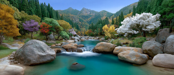 Tranquil Stream Amidst a Colorful Paradise: A vibrant scene unfolds as a serene stream meanders through a lush landscape, embraced by diverse trees and majestic mountains.