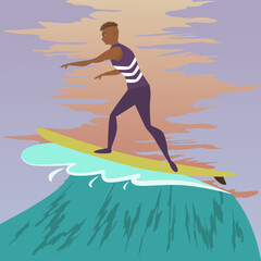 Illustration of a surfer on a wave at sunset - sports scene. Bright color style, dynamic pose, beach theme.