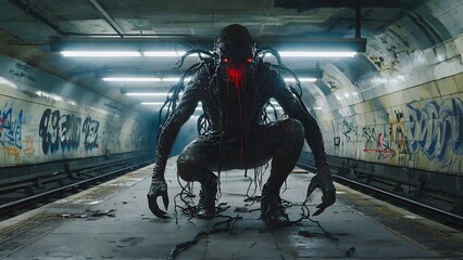Terrifying, blood-covered monster crouches menacingly in a dimly lit, graffiti-covered subway station, creating a scene of urban horror and suspense