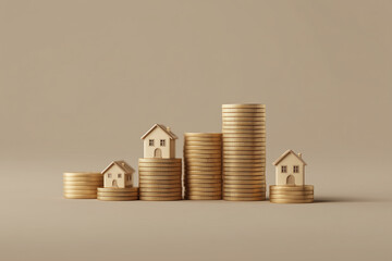 A minimalist 3D illustration featuring small model houses beside stacks of gold coins. 