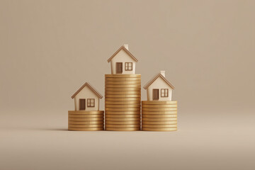 A minimalist 3D illustration featuring small model houses beside stacks of gold coins. 