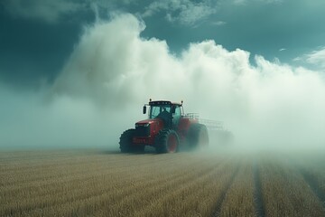 Fototapeta premium Powerful Red Tractor Cultivating Wheat Field Amidst Dramatic Foggy Landscape for Agricultural Themes