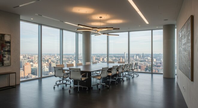 Modern Meeting Room With City View Sunlight Over Table Chairs and Large Windows Photo