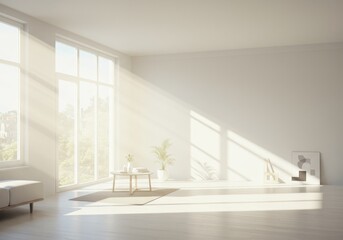 Fototapeta premium Modern Minimalist Interior Photo With Bright Sunlight and White Walls