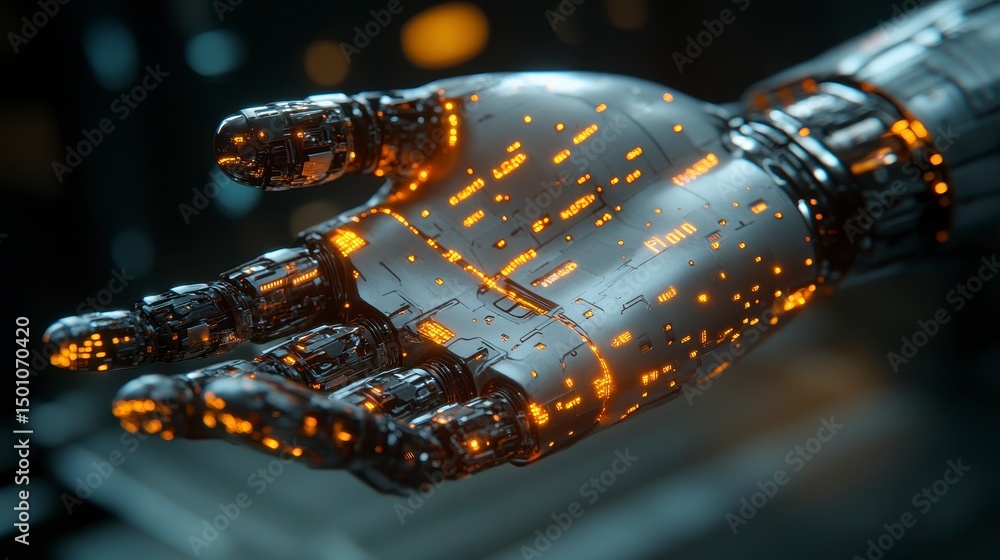 Aufkleber cybernetic hand with glowing circuitry, offering a digital interface in a futuristic setting