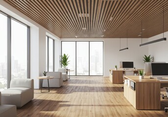 Fototapeta premium Modern Office Interior Photo With Wooden Furniture and City View