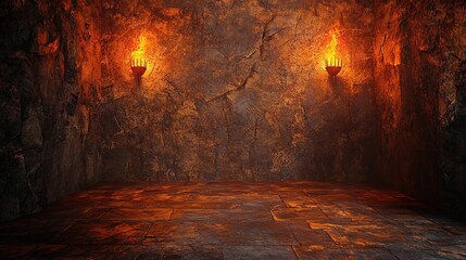 Cave interior, fiery torches on rough stone walls