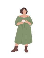 Curvy woman in boho style dress and boots holding a cup of tea or coffee. Full length fashionable female character. Flat vector illustration isolated on transparent background.