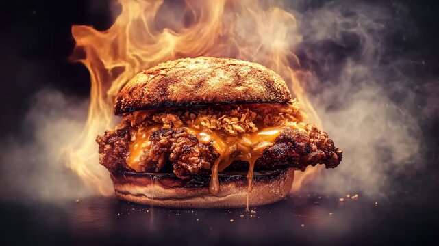Spicy Chicken Sandwich with Melting Cheese and Smoky Atmosphere