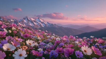 Obraz premium Serene Sunset: A Mountain Meadow of Cosmos