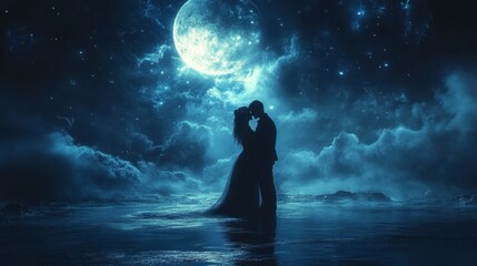 Fototapeta premium Couple embracing under a glowing moon and starry sky in a dreamy, ethereal landscape