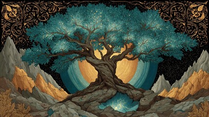 Fototapeta premium Celestial Tree of Life: A Mystical Landscape