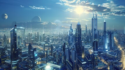 Fototapeta premium Aerial view of a futuristic city with tall buildings and planets in the sky on a bright sunny day