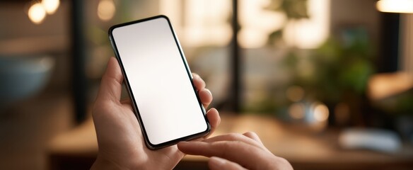 The smartphone held in hand ready for interaction in a modern workspace.