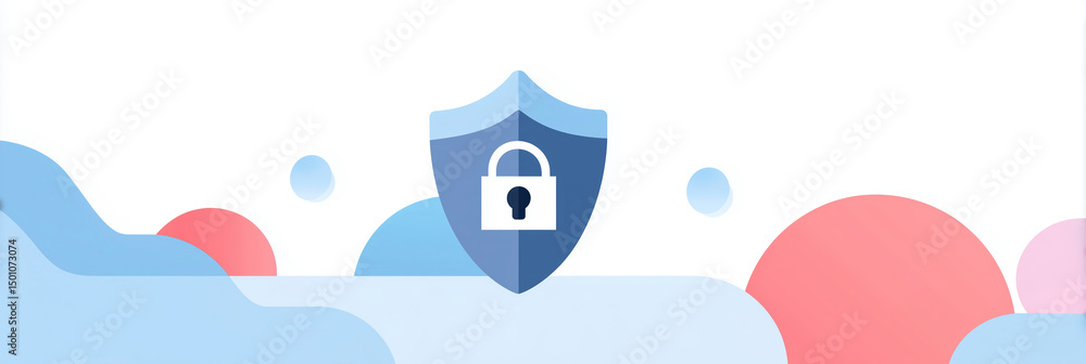 Poster secure shield with padlock symbol surrounded by abstract colorful shapes representing digital securi