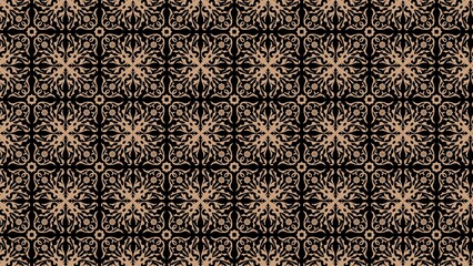 Ornate beige floral pattern on a black background with symmetrical designs visible