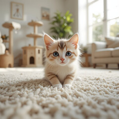 Obraz premium Adorable Kitten Posing on Cream Carpet in Bright Living Room Setting