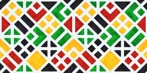 Mosaic background in colors of Juneteenth Freedom day. Abstract seamless pattern with geometric shapes and watercolor texture. Black history month bg, vector illustration