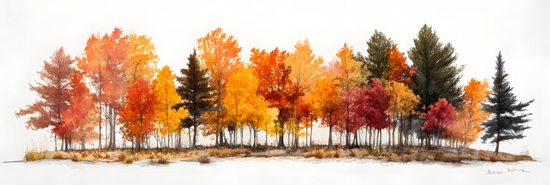 Side view of layered trees showing gradual fall color change