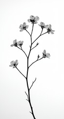Monochrome Photo of Delicate White Flowers on Black Stem Against White Background