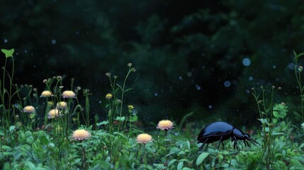Black beetle in the middle of a field of green plants and flowers. the beetle is facing towards the right side of the image and appears to be walking on the ground.