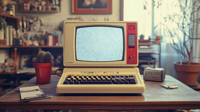 Retro vintage computer setup in an organized workshop, showcasing classic technology from the 80s and 90s