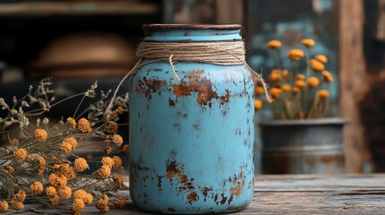Distressed blue jar with twine atop weathered wood, dried flowers nearby