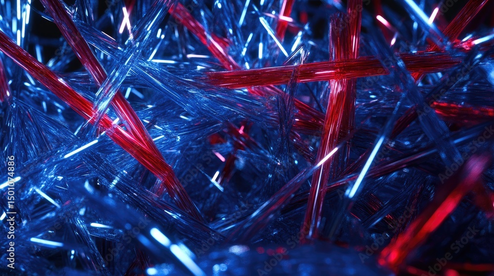 Poster glowing red and blue crystal shards intersect, creating a chaotic, abstract texture