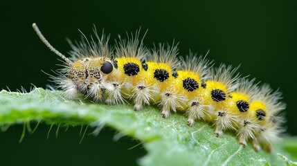 Close-up of a caterpillar on a green leaf. the caterpillar has a yellow body with black spots on its head and legs. it has a long, thin antennae that extends upwards towards the top of its head.
