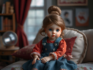 Realistic Porcelain Doll in Vintage Dress Sitting on Sofa in Cozy Interior, Blue-Eyed Collectible Toy Captured in Soft Light for Nostalgic and Decorative Artistic Concepts and Home Style Themes