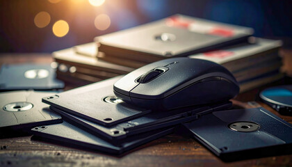 A computer mouse sits on top of a stack of floppy disks. The scene is cluttered and disorganized, with the mouse and disks scattered around the table. Concept of chaos and disarray