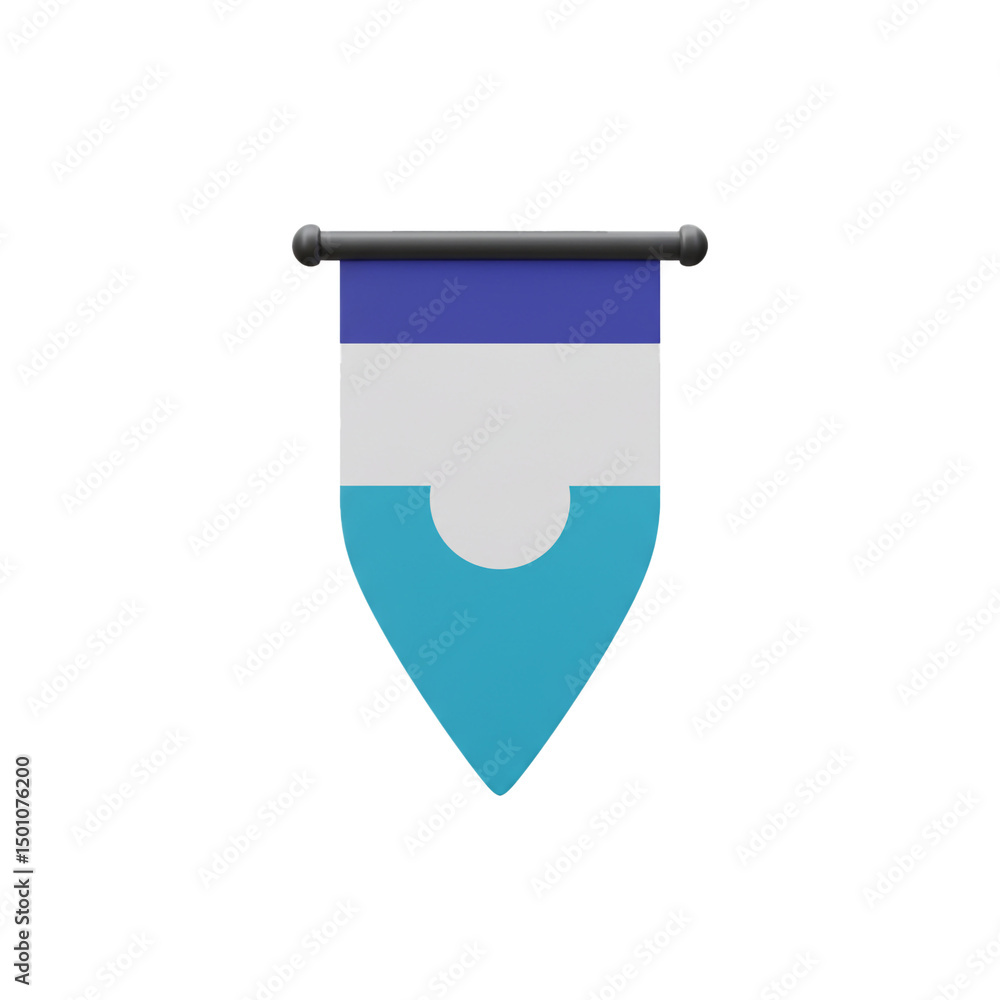 Poster abstract triangular pennant with blue, white, and teal color scheme hanging from a dark rod, ideal f
