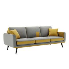 Fototapeta premium Modern Three-Seater Sofa with Grey and Mustard Yellow Upholstery, Stylish Contemporary Design for Living Room Decor