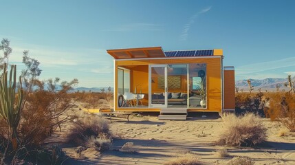 Modern orange tiny house with solar panels in a desert landscape under a clear blue sky on sunny day