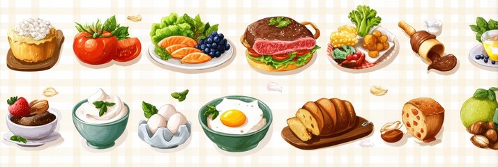 Glossy Food Sticker Illustrations Arranged on a Tablecloth, Showcasing Various Delicious Dishes and Ingredients in an Appealing Manner