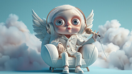 Baby angel with tiny white wings sitting in cloud-shaped armchair wearing oversized headphones and speaking into professional microphone, mischievous smirk with raised eyebrow