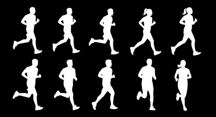 Fototapeta premium Running men and women, isolated vector white silhouettes on black background. Silhouettes of athletic looking male and female runners running. Transparent PNG version.