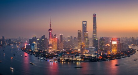 Fototapeta premium Panoramic Nighttime Cityscape of Shanghai China with Illuminated Buildings and Reflections