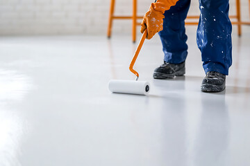 Painting a floor with a paint roller. Person painting a floor with white paint. Floor being renovated and repainted with white paint.