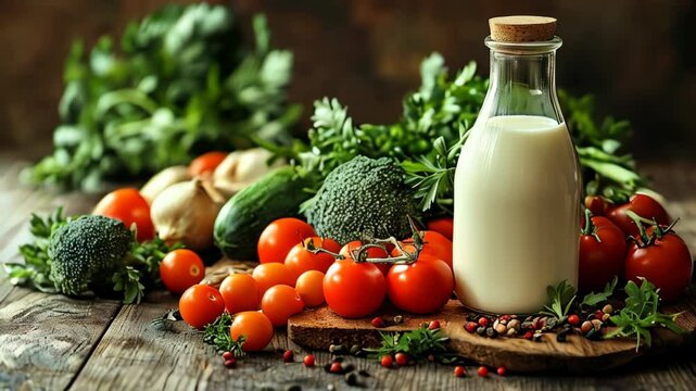 A collection of vibrant vegetables including tomatoes, broccoli, and cucumbers is arranged on a rustic wooden table next to a bottle of milk. This setup emphasizes healthy, fresh ingredients.