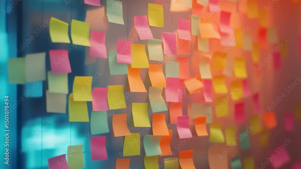 Poster Many colorful sticky notes are attached to a glass wall, creating a vibrant and dynamic visual representation of brainstorming, project management, or agile methodologies in a modern office setting
