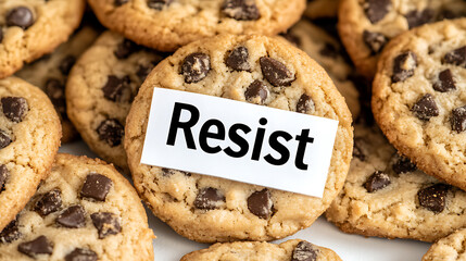 Temptation: resist chocolate chip cookies. A lighthearted look at willpower. Sweet treats challenge your resolve. Delicious struggle!