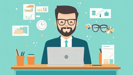 Caucasian male adult working on laptop with business graphics and charts