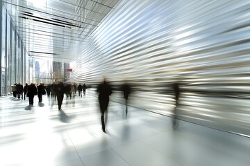 People walking quickly in a modern glass building with a blurred effect