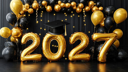 2027 graduation celebration with golden balloons and cap