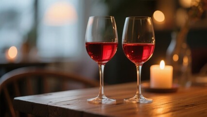 Two wine glasses with red liquid on a wooden table - A cozy moment of shared indulgence	
