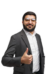 Confident businessman giving a thumbs up with a smile, dressed in formal attire against a clean backdrop